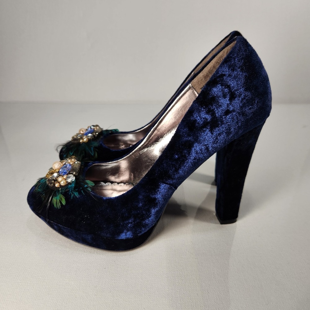 Rampage Handel Womens 4" Heel Blue Velvet Ostrich Feather Jewels Size‎ 8.5M